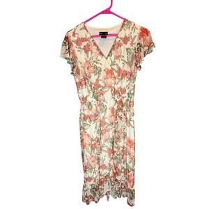 KATE and LILY Floral Print Wrap Midi Dress Flutter Sleeve Ruffle Hem Size 6